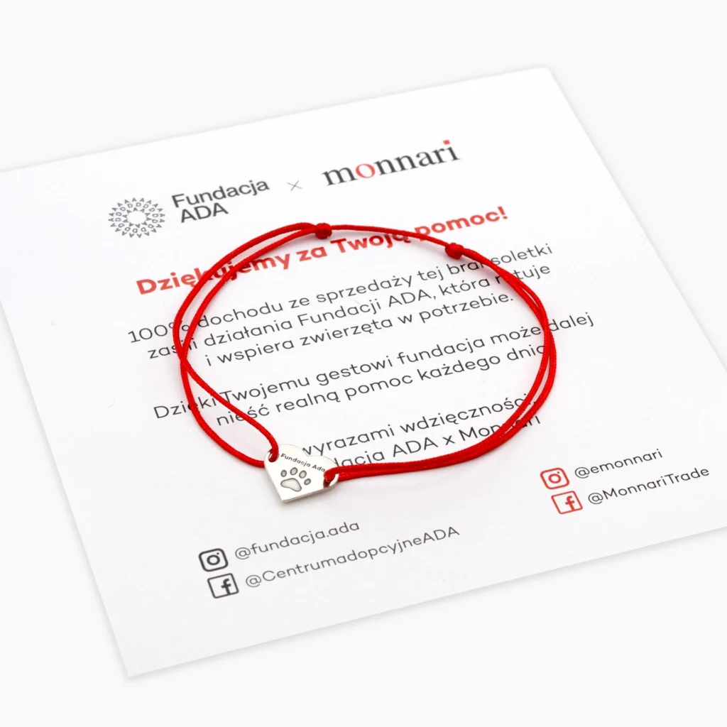 bransoletka dla monnari i fundacji ada - serce na czerwonym sznurku